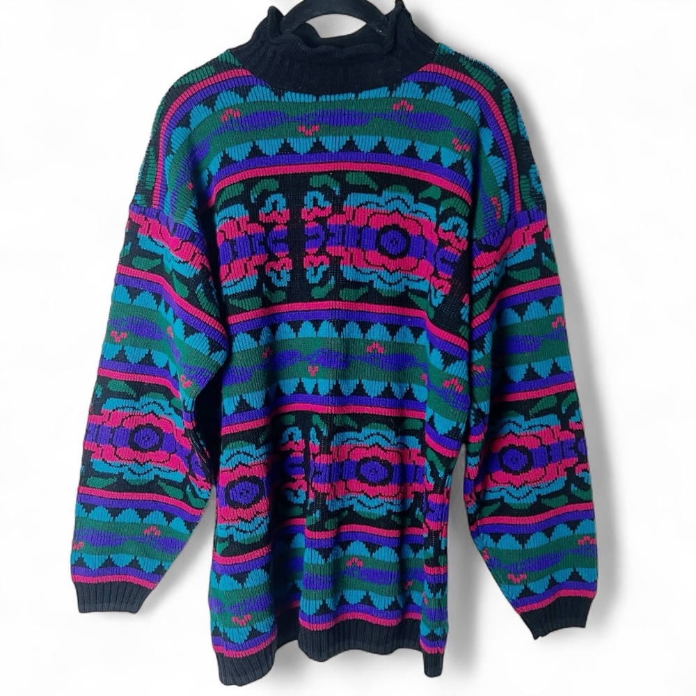 JJ Browne - Women’s Vintage Ruffle Mock Neck Knit Sweater Floral Colorful Sz. M‎